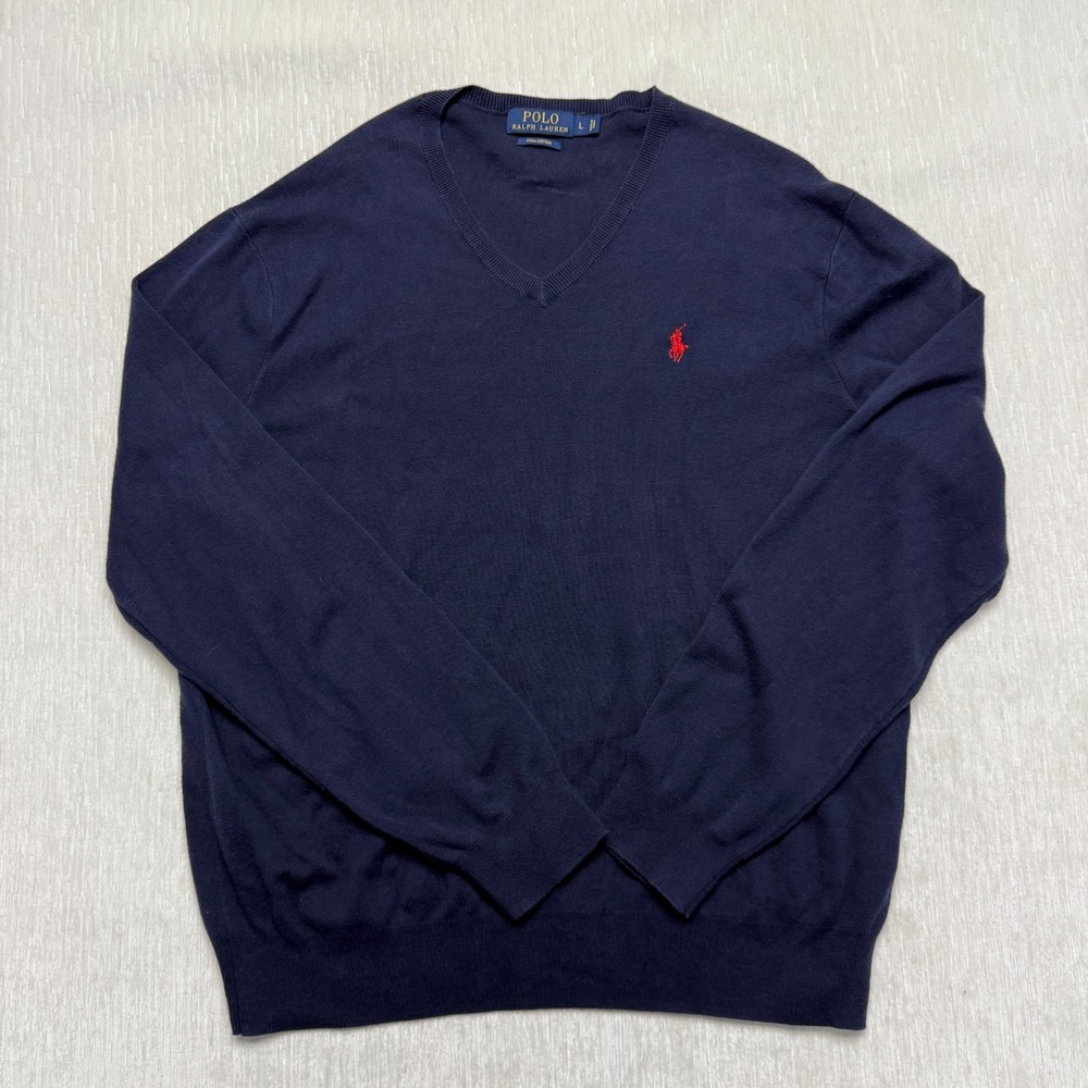 Polo Ralph Lauren Sweater Men Large Blue Pima Cotton Pony V-Neck Pullover Preppy
